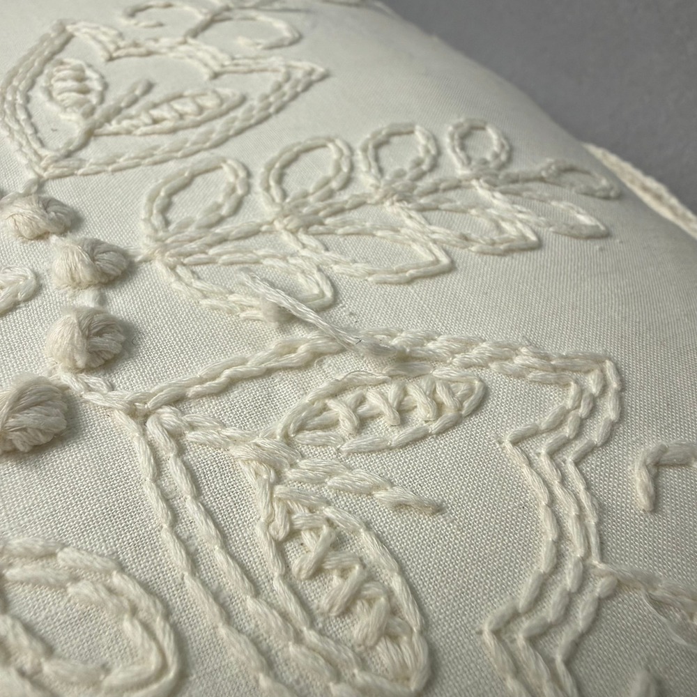 Vintage Embroidered Cream Throw Pillow Scalloped Lace Trim Cottagecore 12x12 - Picture 3 of 9
